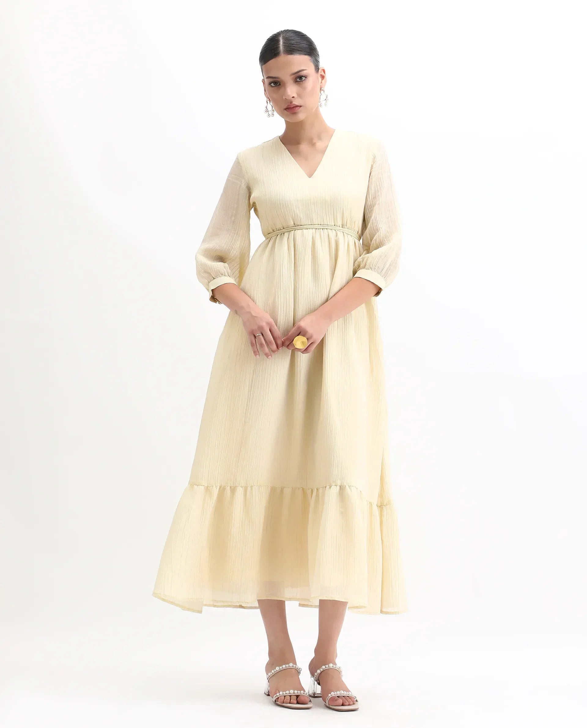 Rareism Women's Avico Gold Viscose V-Neck Fit And Flare Plain Dress