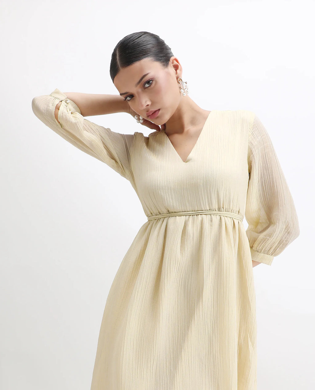 Rareism Women's Avico Gold Viscose V-Neck Fit And Flare Plain Dress