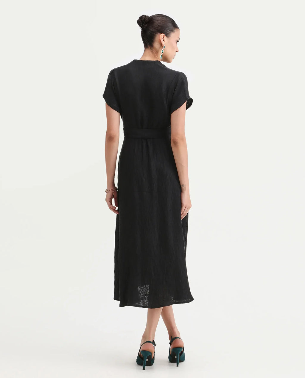 Rareism Women's Aviha Black Nylon Blend V-Neck Flared Plain Dress