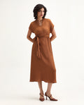 Rareism Women's Aviha Rust Nylon Blend V-Neck Fit And Flare Plain Dress