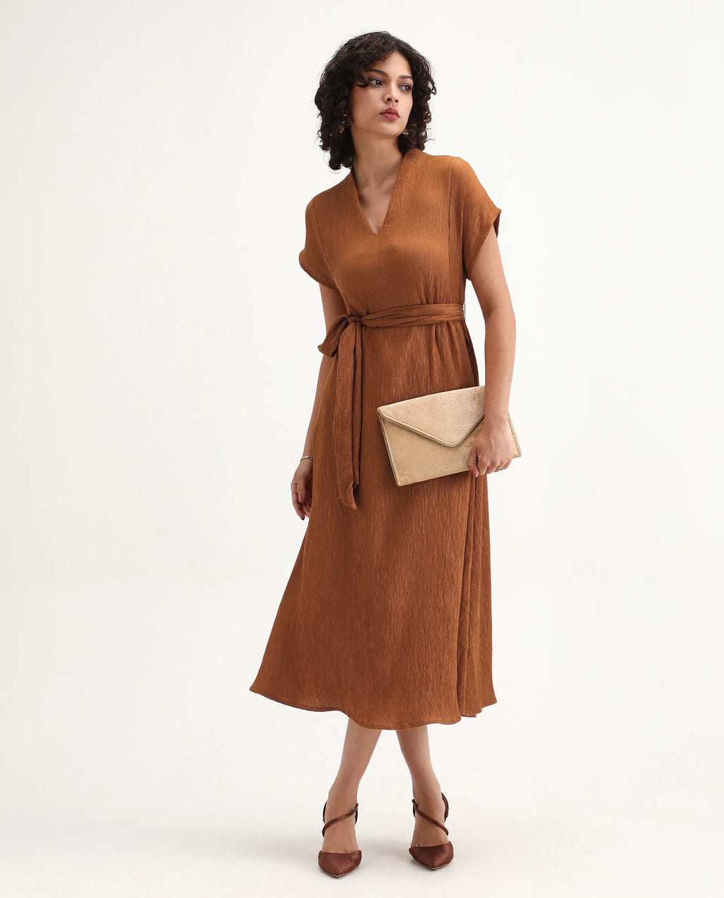 Rareism Women's Aviha Rust Nylon Blend V-Neck Fit And Flare Plain Dress