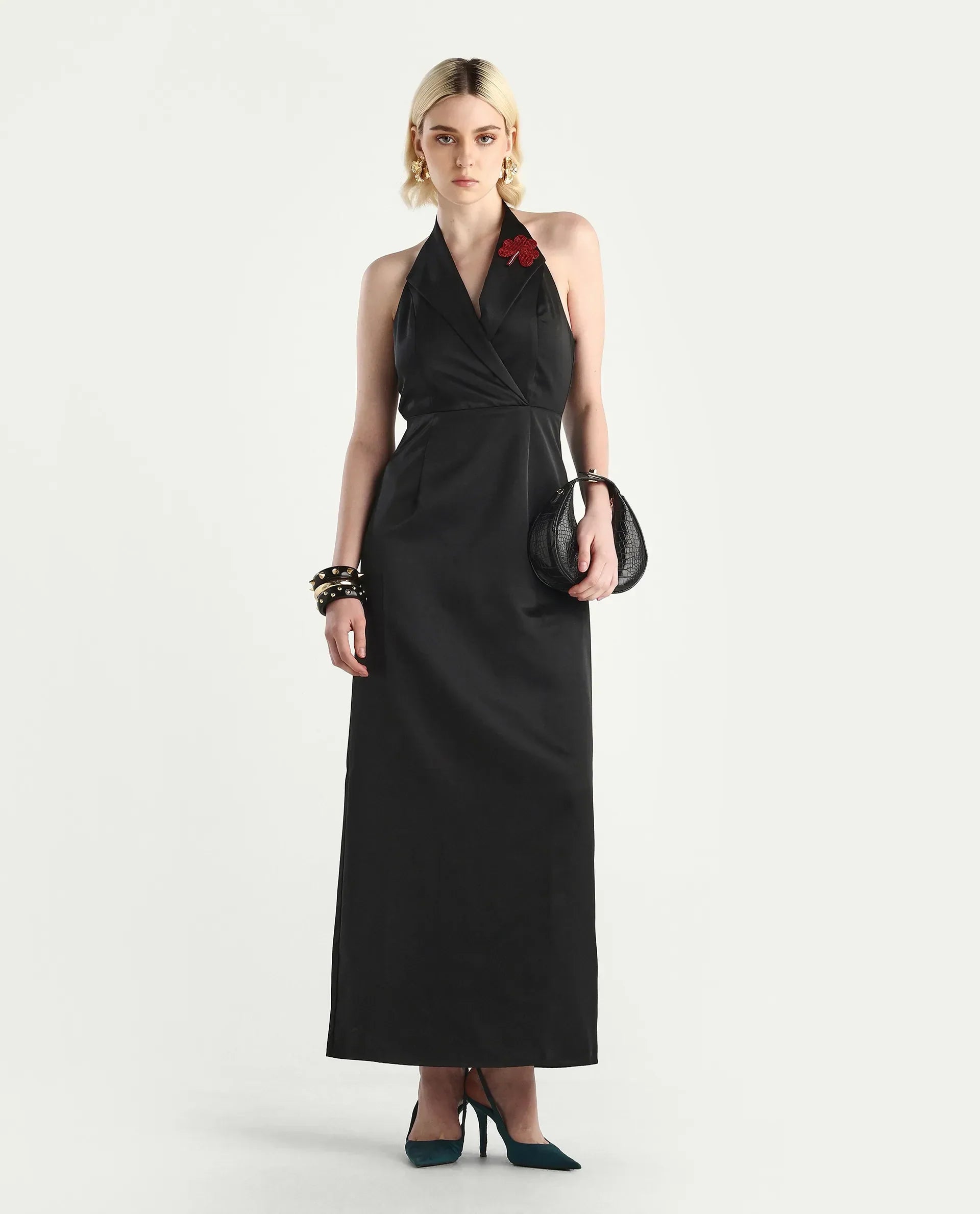 Rareism Women's Avila Black Polyester Halter Neck Fitted Plain Dress
