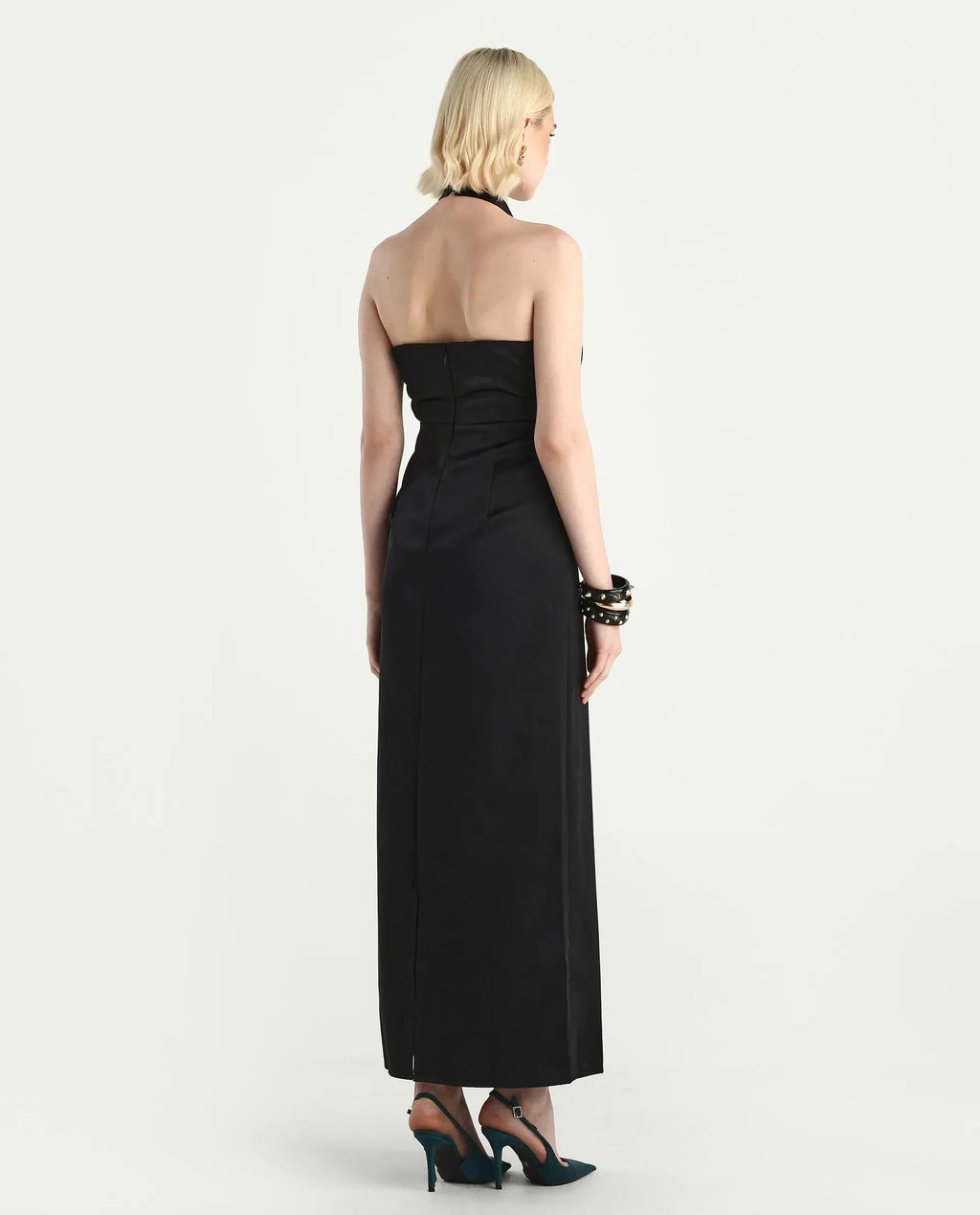 Rareism Women's Avila Black Polyester Halter Neck Fitted Plain Dress