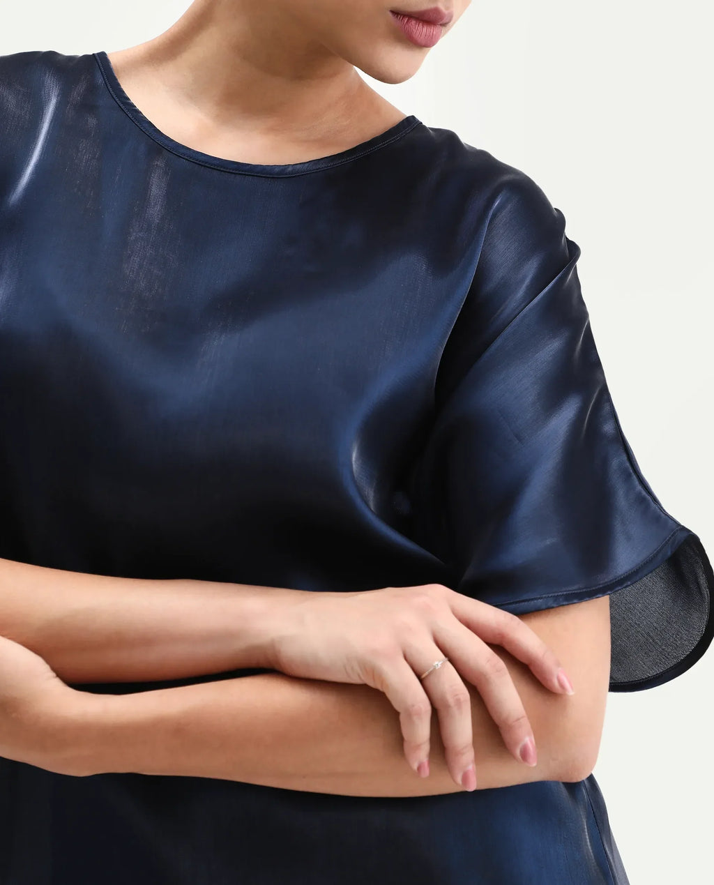 Rareism Women's Avili Navy Polyester Round Neck Boxy Fit Plain Top