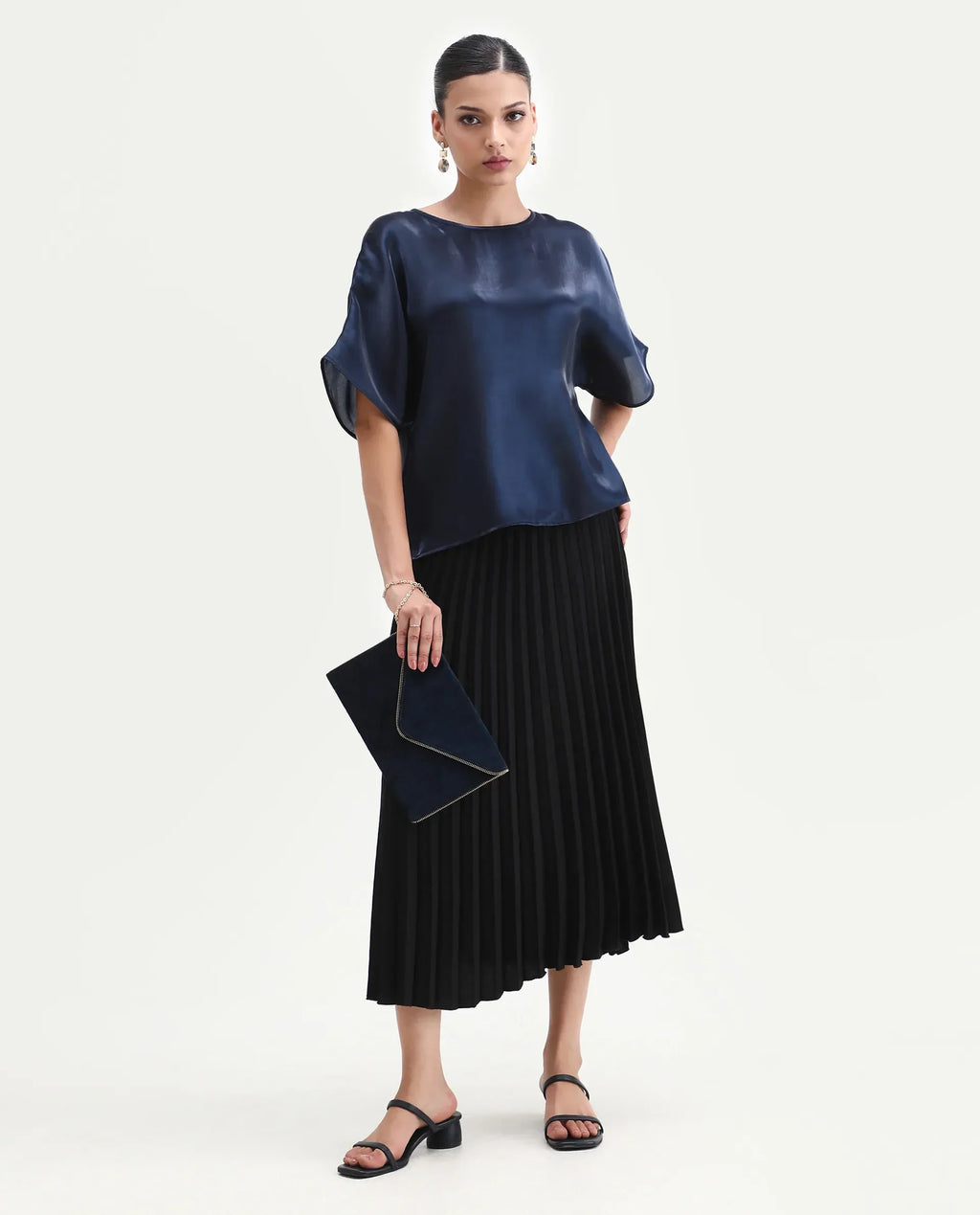 Rareism Women's Avili Navy Polyester Round Neck Boxy Fit Plain Top