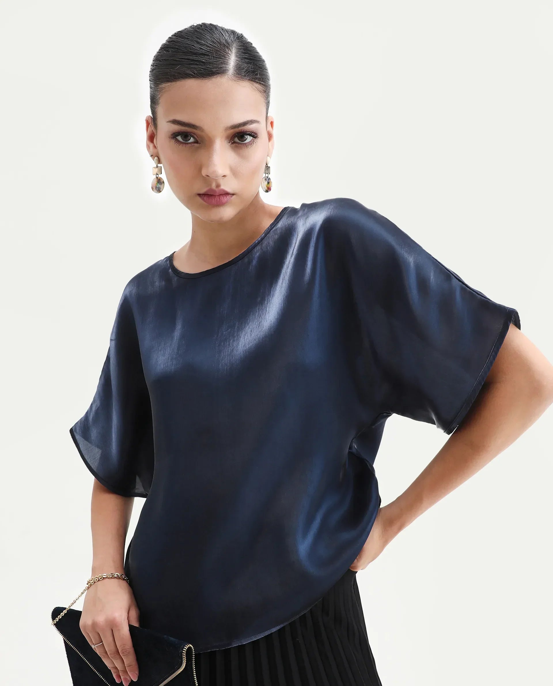 Rareism Women's Avili Navy Polyester Round Neck Boxy Fit Plain Top