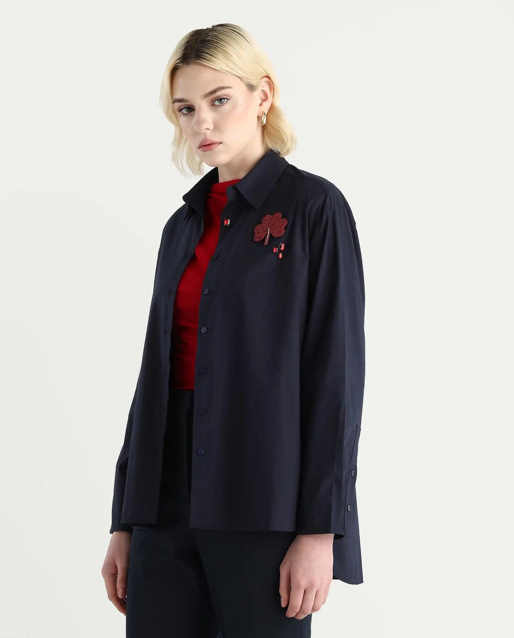 Rareism Women's Avion Navy Cotton Blend Collared Neck Boxy Fit Shirt