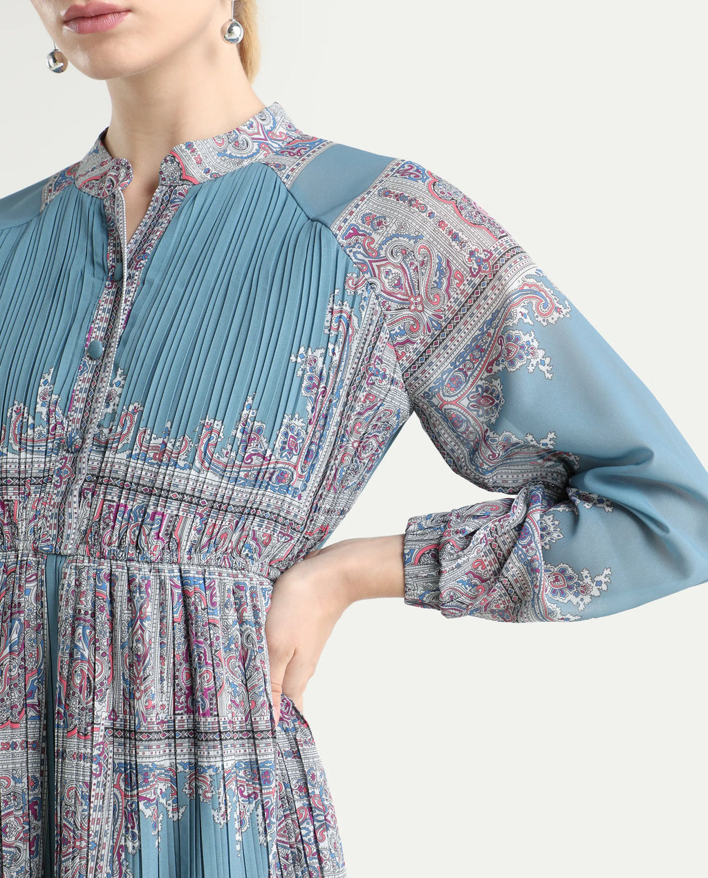 Rareism Women's Bandene Dusky Blue Polyester Mandarin Collar Bandana Print Raglan Sleeve Knee Length A-Line Dress