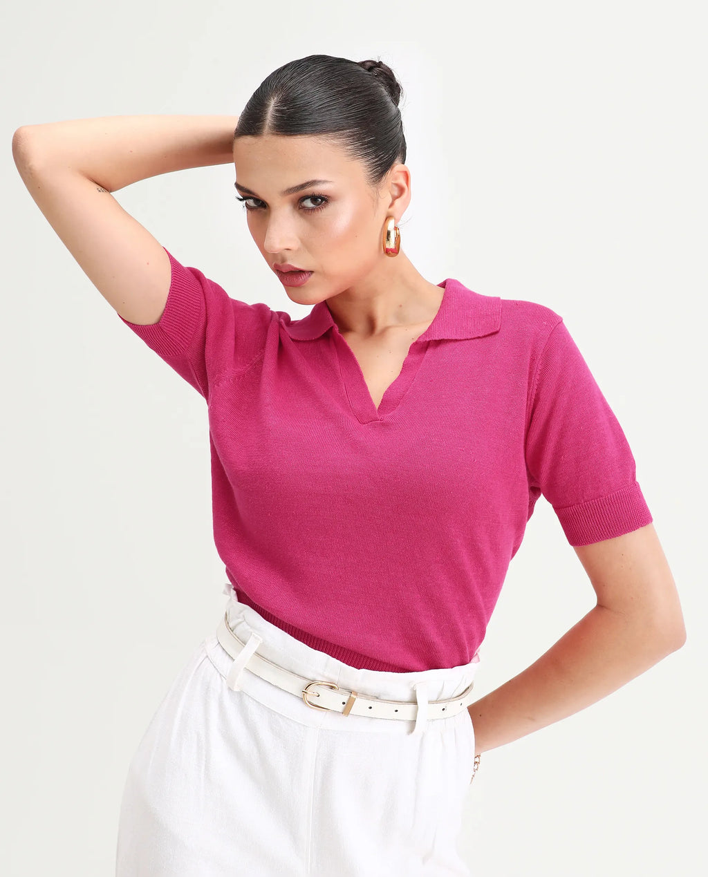 Rareism Women's Basel Flouroscent Pink Linen Blend Polo Neck Plain Regular Fit Polo
