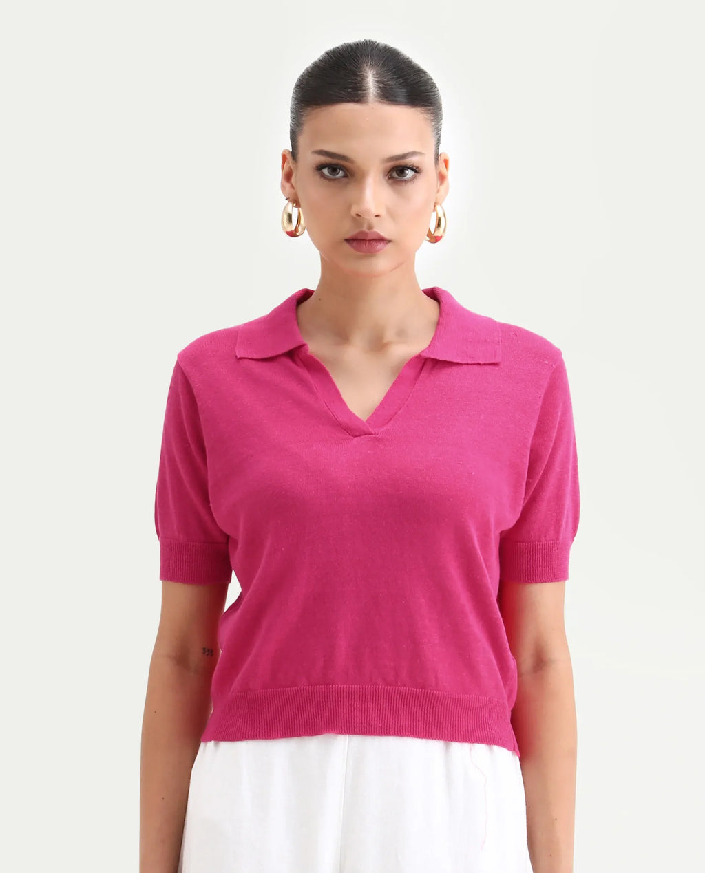Rareism Women's Basel Flouroscent Pink Linen Blend Polo Neck Plain Regular Fit Polo