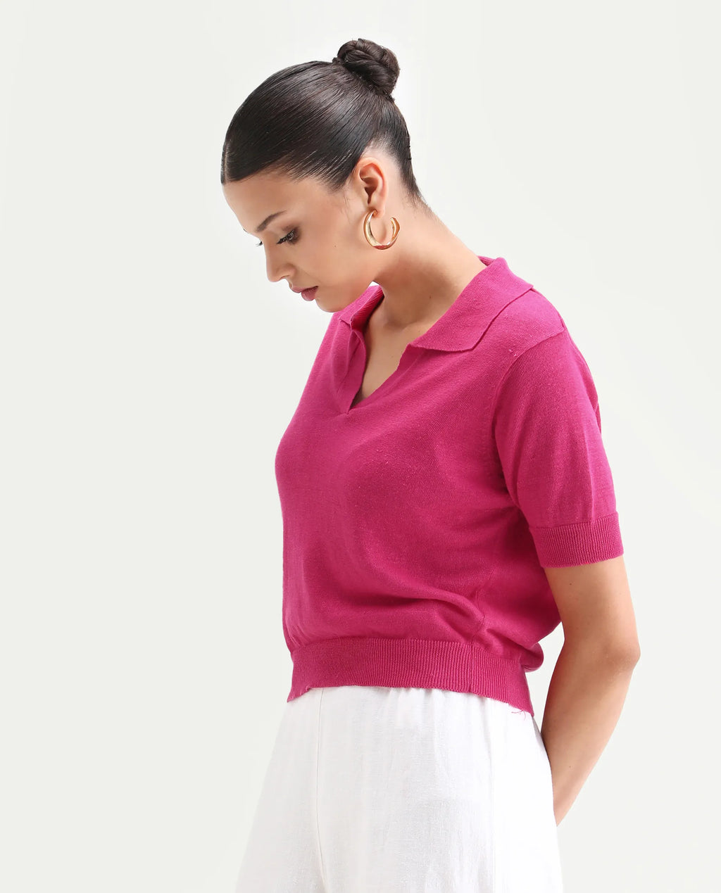 Rareism Women's Basel Flouroscent Pink Linen Blend Polo Neck Plain Regular Fit Polo