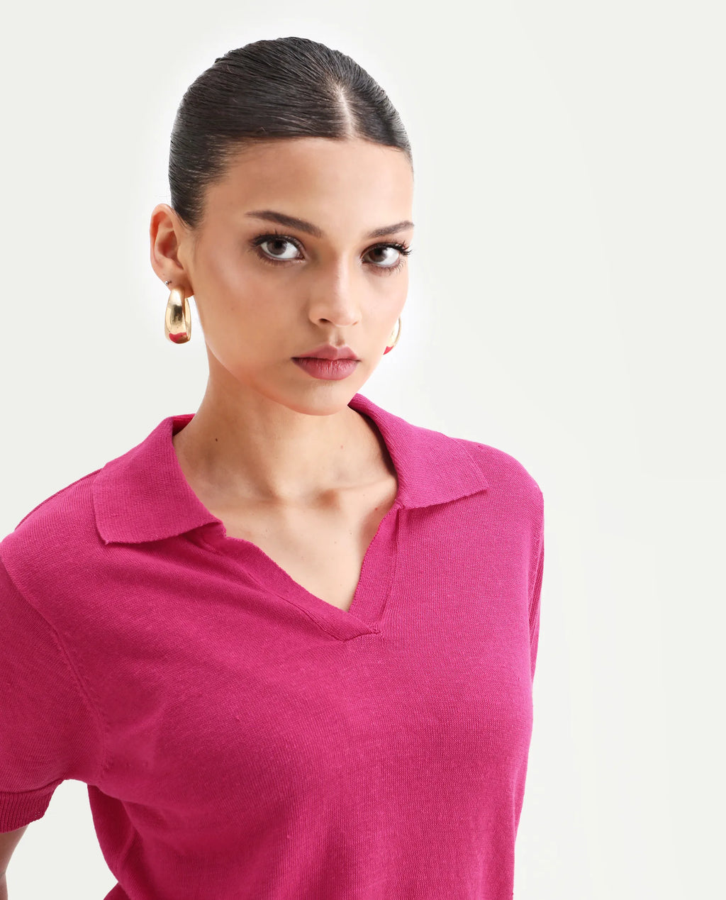 Rareism Women's Basel Flouroscent Pink Linen Blend Polo Neck Plain Regular Fit Polo