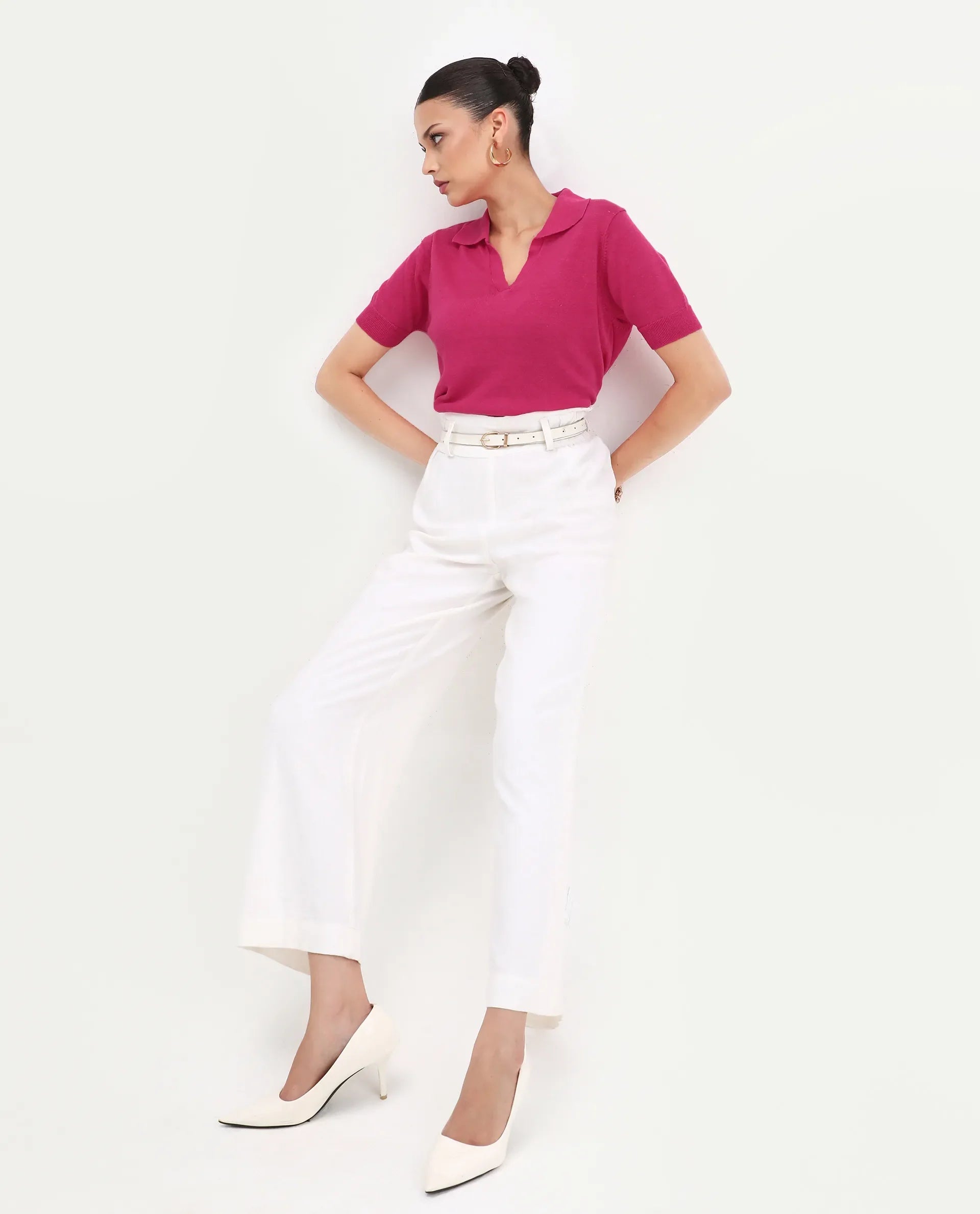 Rareism Women's Basel Flouroscent Pink Linen Blend Polo Neck Plain Regular Fit Polo