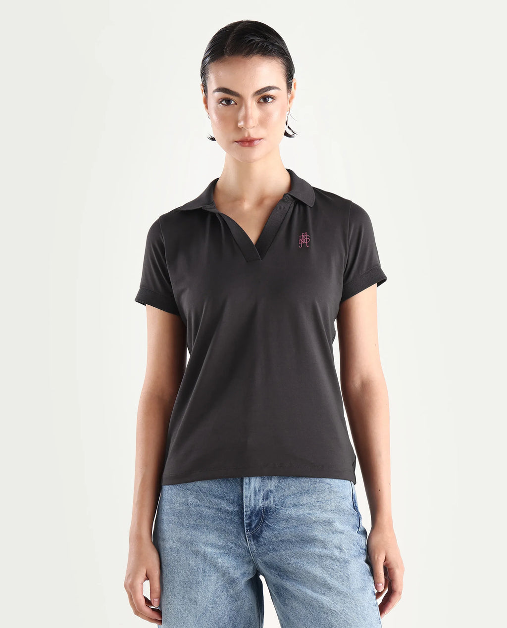 Rareism Women's Bern Dark Grey Cotton Blend Polo Neck Plain Regular Fit Polo