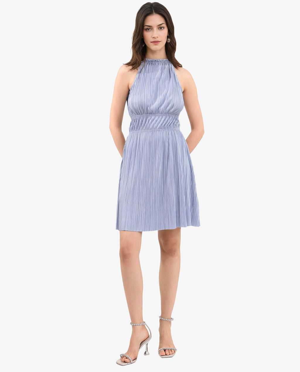 Rareism Women's Berkyn Purple Polyester Halter Neck Plain Sleeveless Mini Fit And Flare Dress