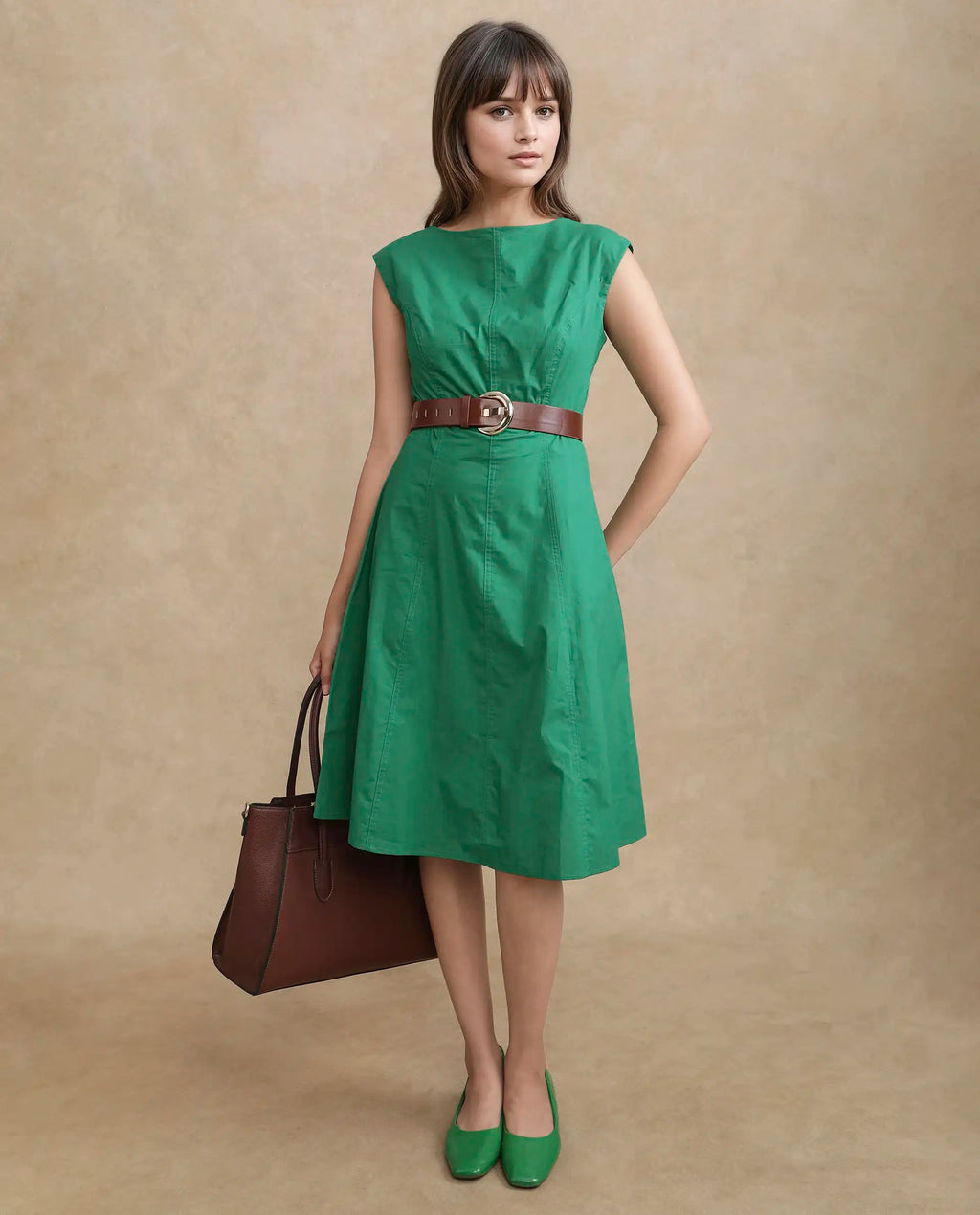 Rareism Women's Bhlaski Green Cotton Round Neck Plain Sleeveless Knee Length Straight Fit Dress