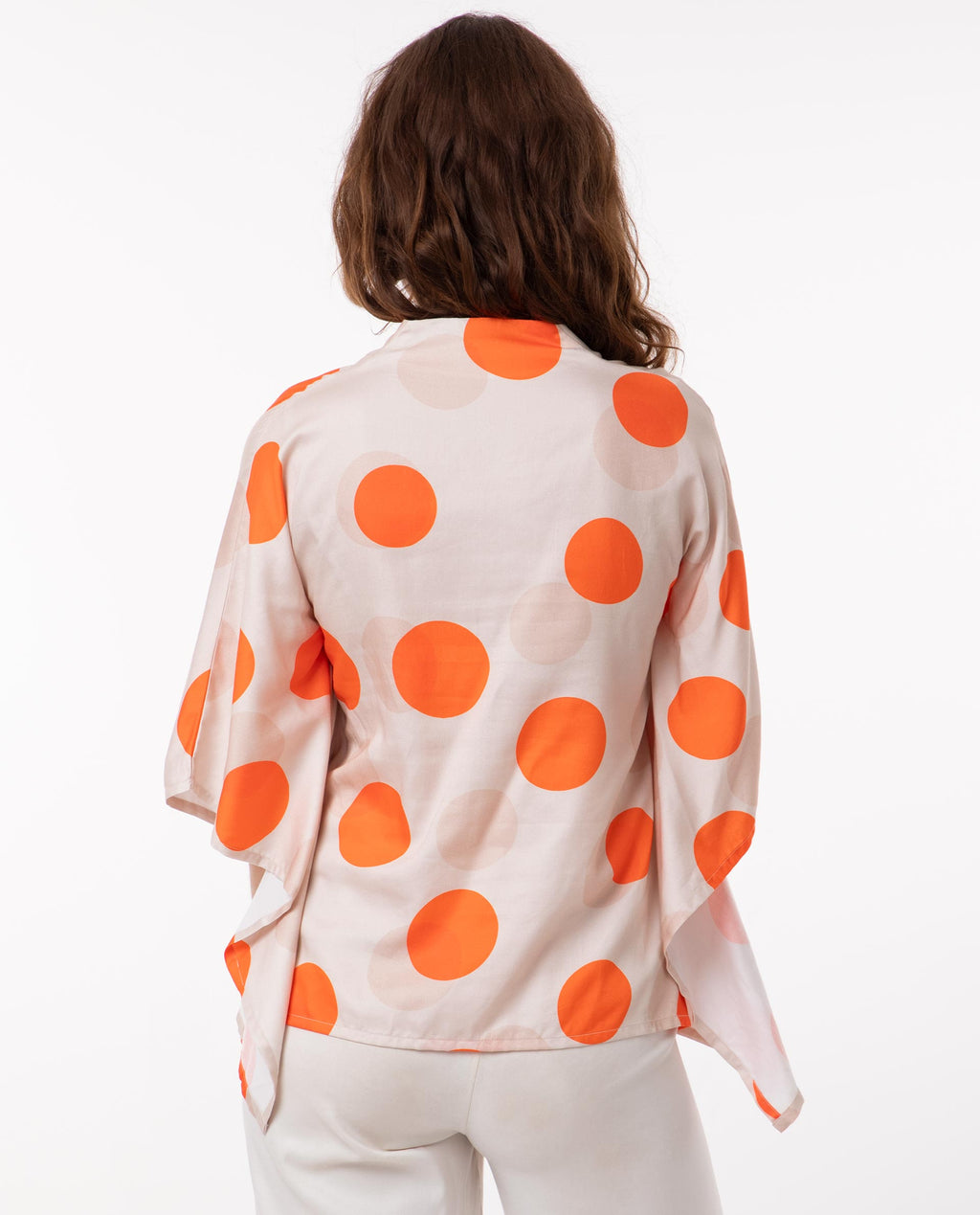 Rareism Women's Binko Light Beige Cotton V-Neck Polka Print Kimono Sleeve Relaxed Fit Top
