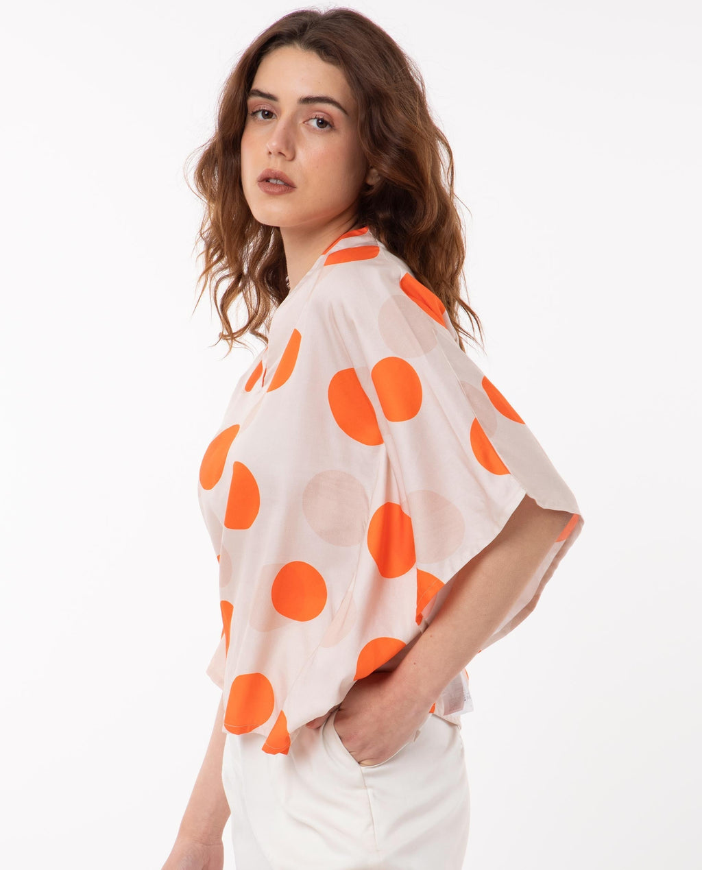 Rareism Women's Binko Light Beige Cotton V-Neck Polka Print Kimono Sleeve Relaxed Fit Top