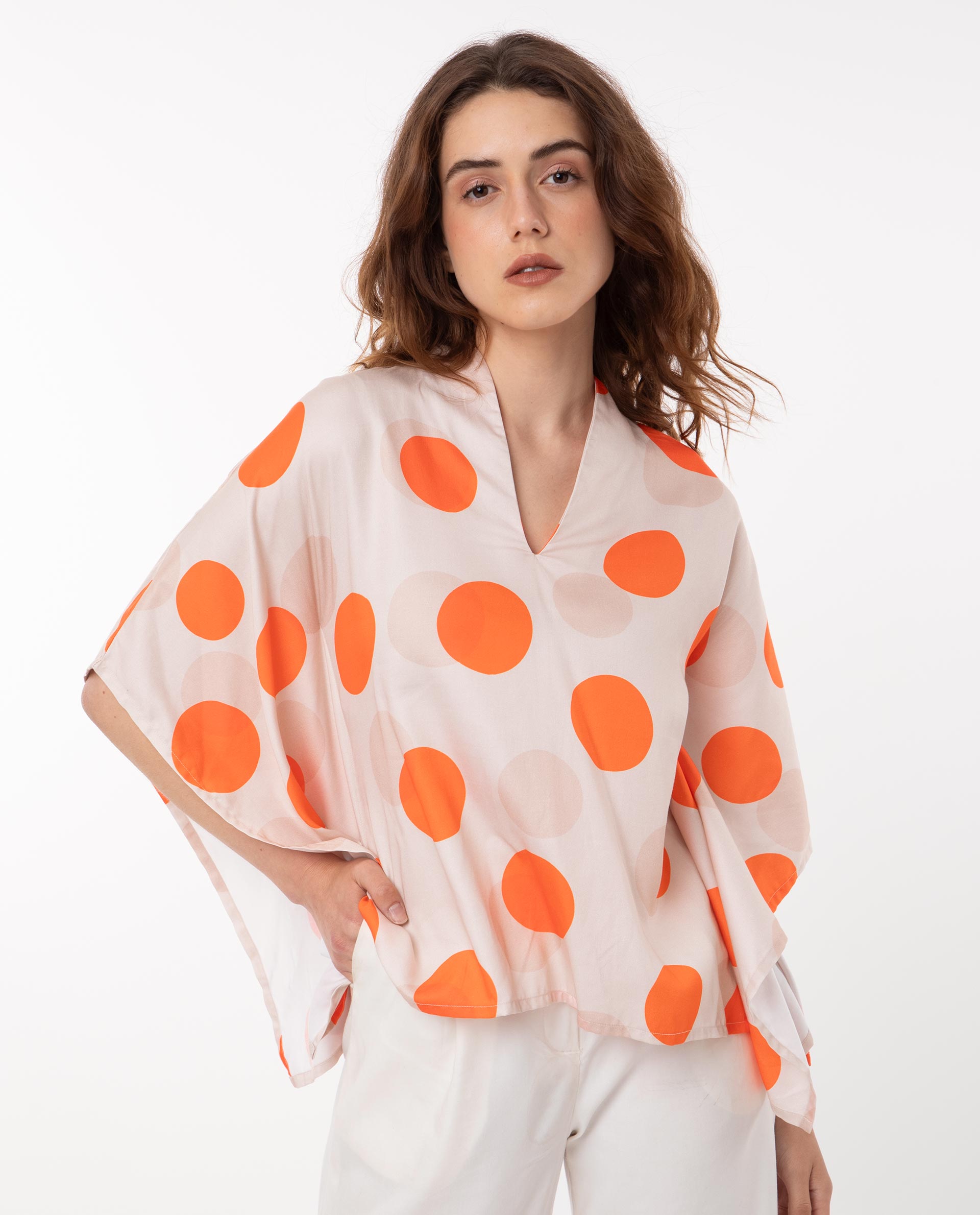 Rareism Women's Binko Light Beige Cotton V-Neck Polka Print Kimono Sleeve Relaxed Fit Top