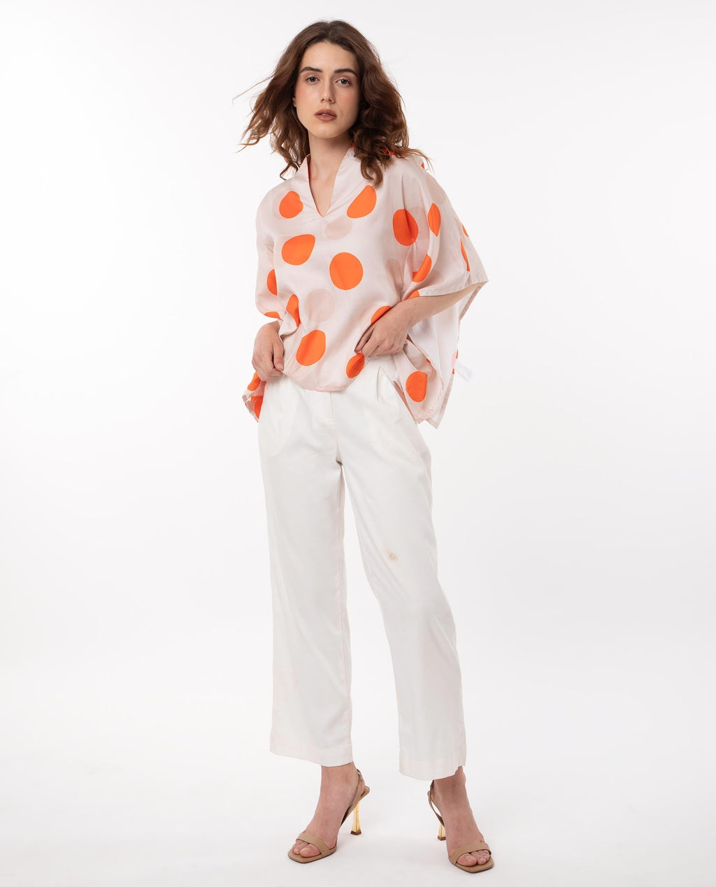 Rareism Women's Binko Light Beige Cotton V-Neck Polka Print Kimono Sleeve Relaxed Fit Top