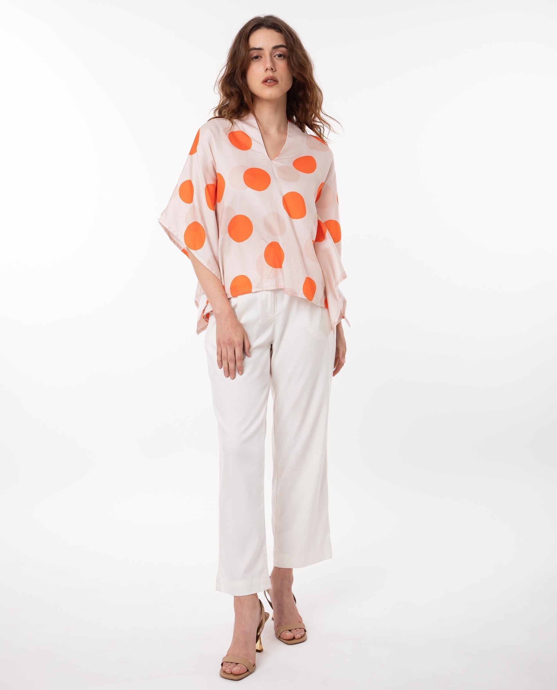 Rareism Women's Binko Light Beige Cotton V-Neck Polka Print Kimono Sleeve Relaxed Fit Top