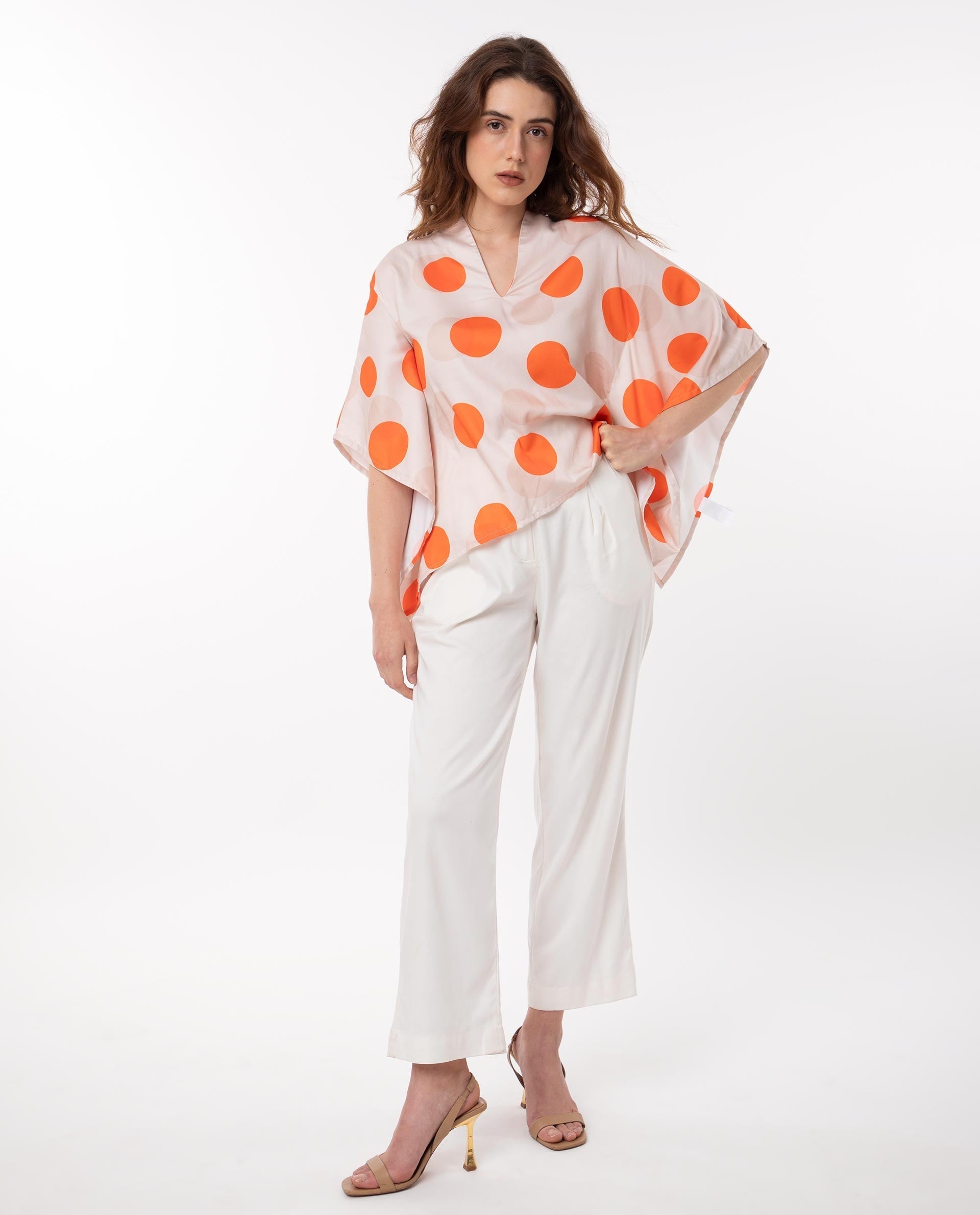 Rareism Women's Binko Light Beige Cotton V-Neck Polka Print Kimono Sleeve Relaxed Fit Top