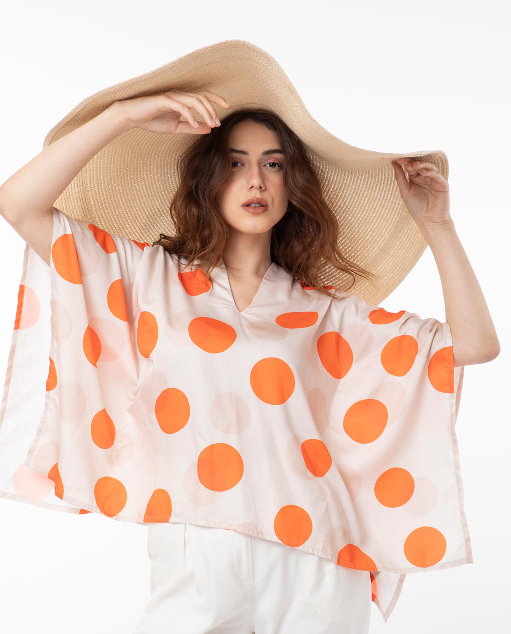 Rareism Women's Binko Light Beige Cotton V-Neck Polka Print Kimono Sleeve Relaxed Fit Top