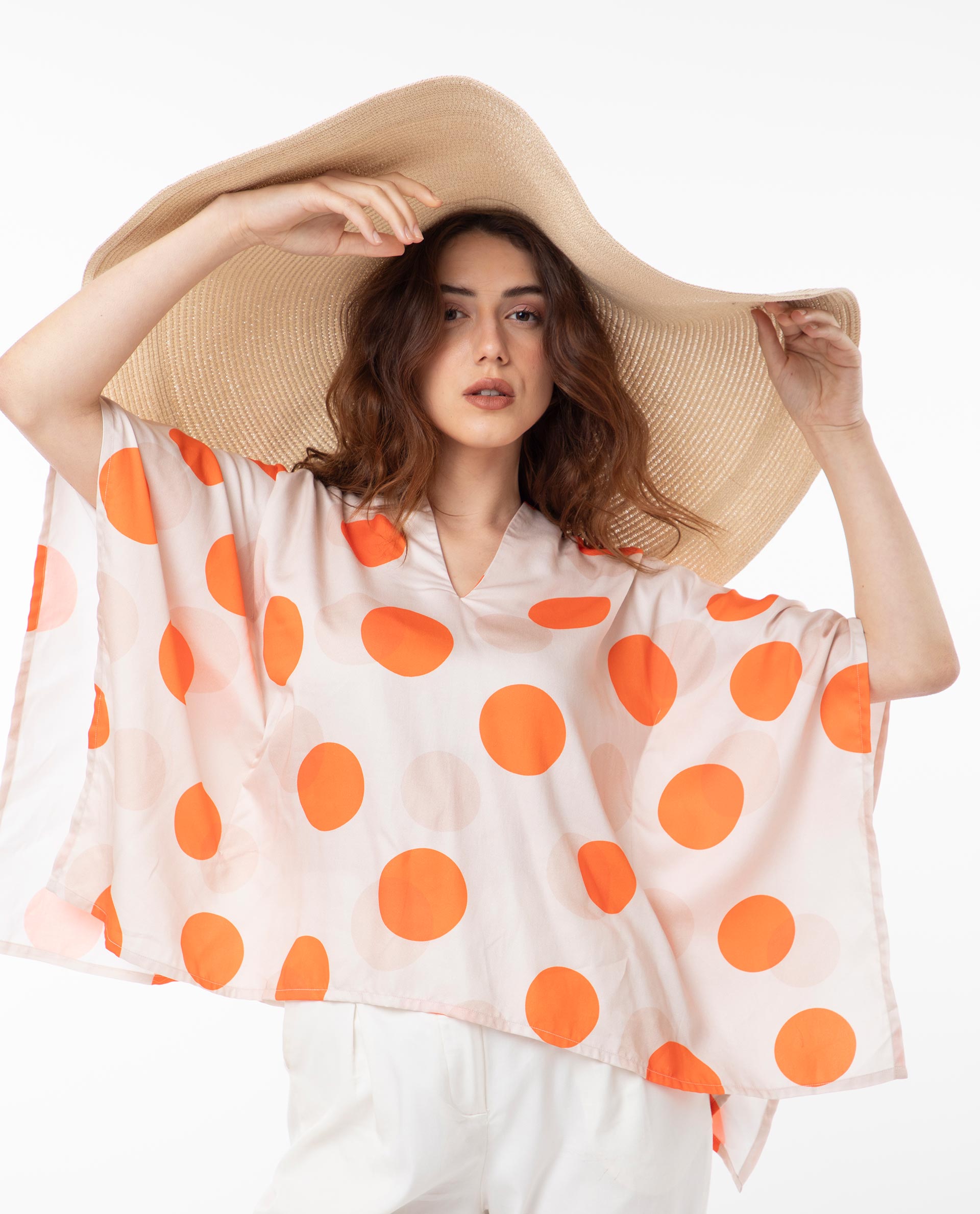 Rareism Women's Binko Light Beige Cotton V-Neck Polka Print Kimono Sleeve Relaxed Fit Top