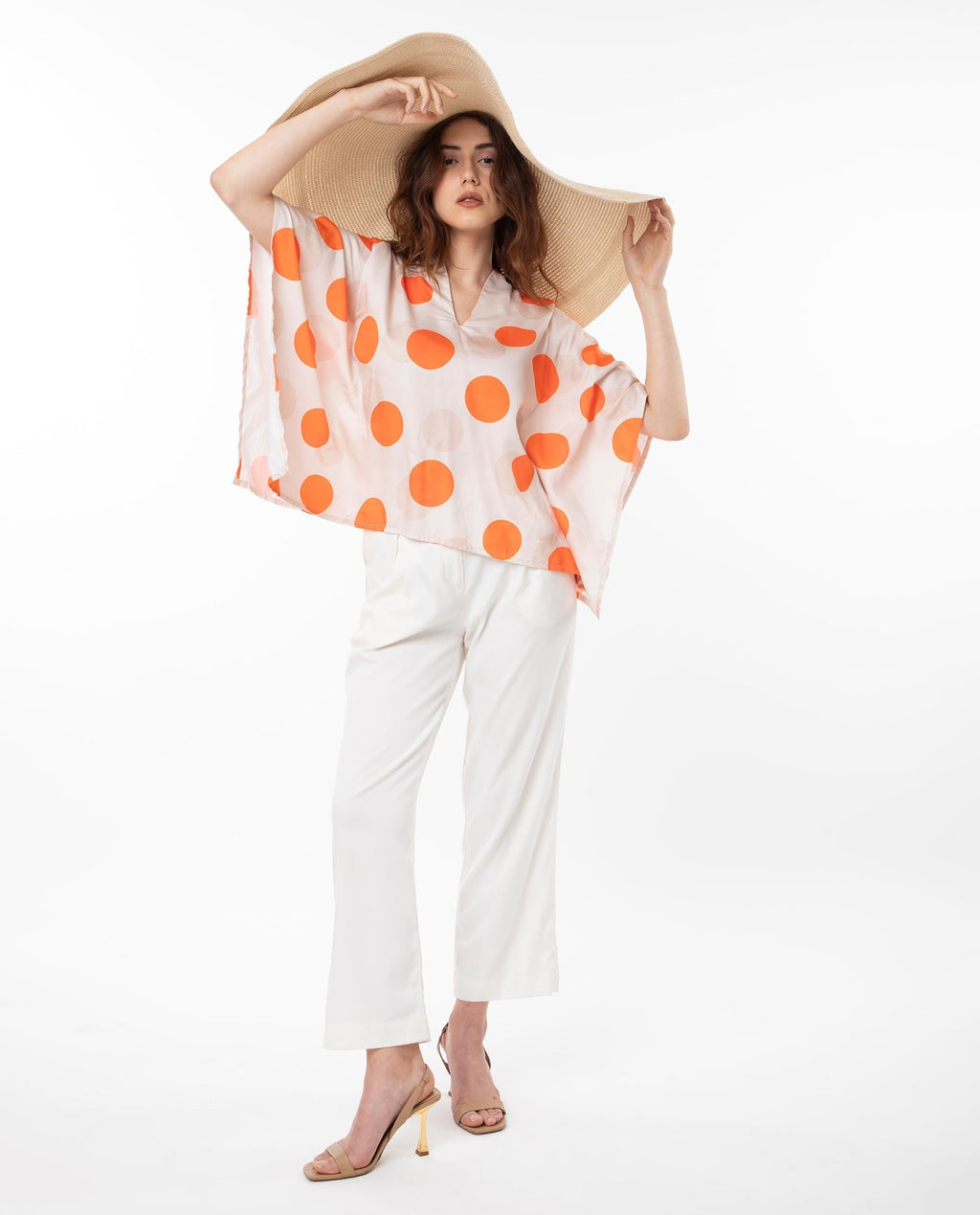 Rareism Women's Binko Light Beige Cotton V-Neck Polka Print Kimono Sleeve Relaxed Fit Top