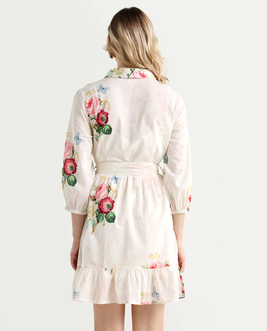 Rareism Women's Blecki Off White Cotton Drop Collar Floral Print Cuffed Sleeve Mini Fit And Flare Dress