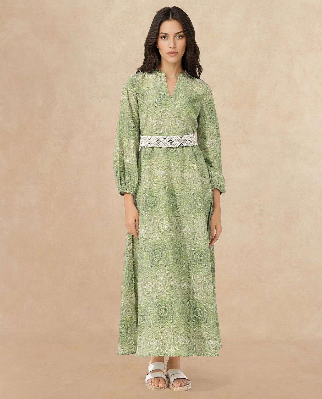 Rareism Women's Bledel Pastel Green Rayon Ruffled Neck Abstract Print Bishop Sleeve Maxi Flared Dress