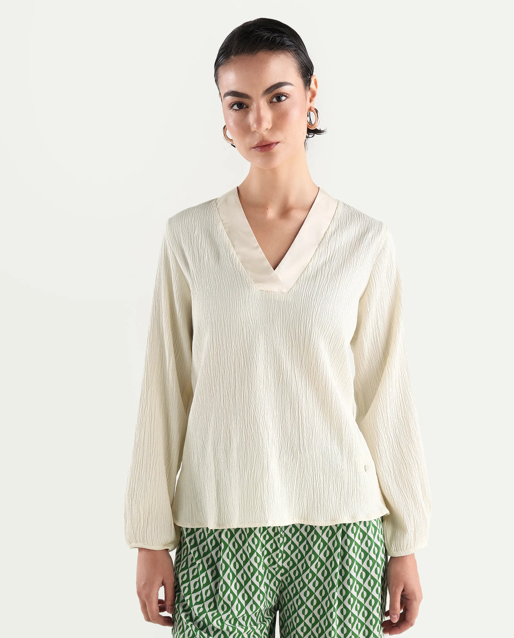 Rareism Women's Boco Beige Polyester V-Neck Plain Balloon Sleeve Regular Fit Top
