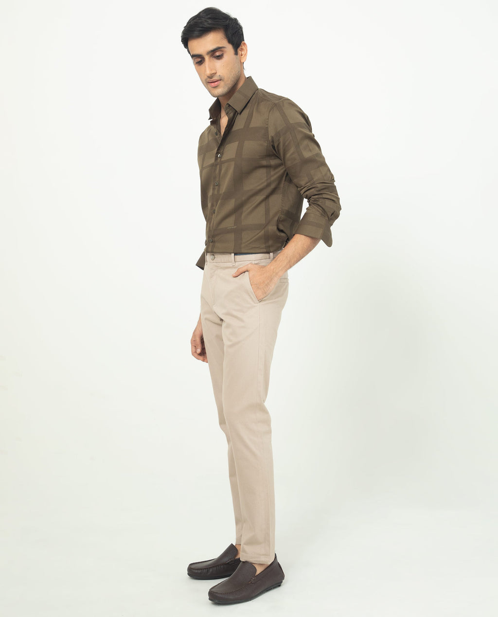 Rare Rabbit Men's Boxlines Olive Cotton Checked Print Regular Fit Full Sleeve Collared Shirt