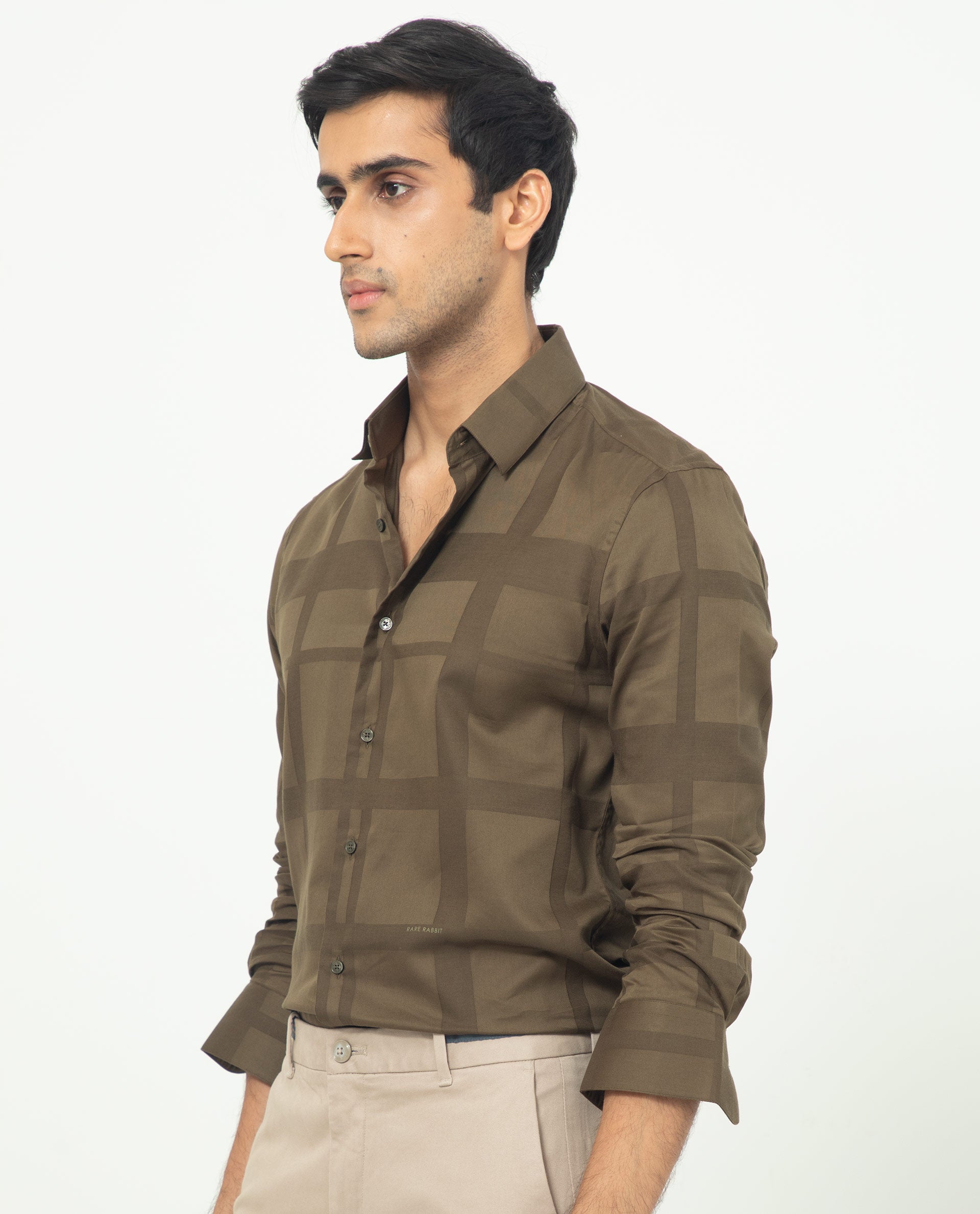 Rare Rabbit Men's Boxlines Olive Cotton Checked Print Regular Fit Full Sleeve Collared Shirt