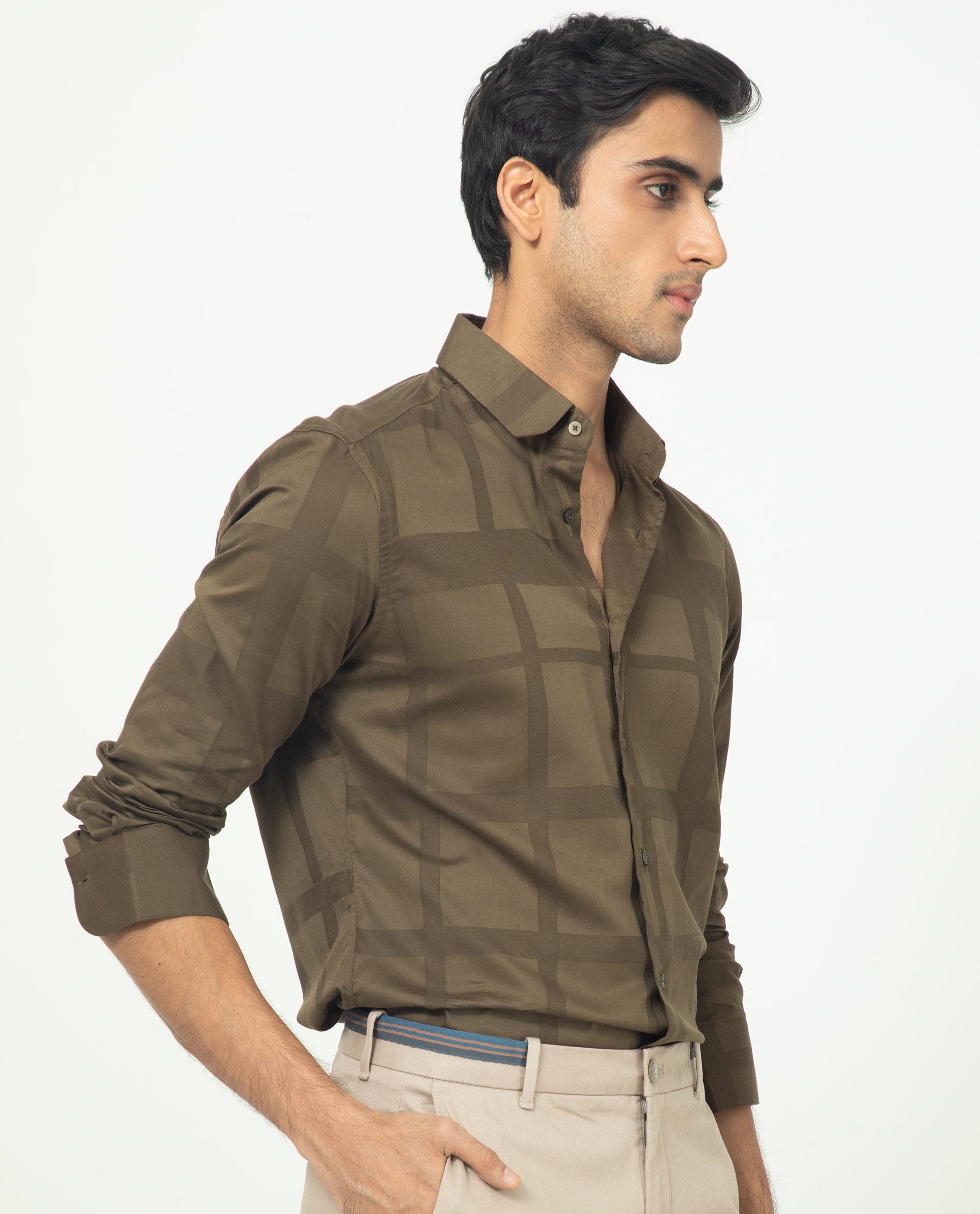 Rare Rabbit Men's Boxlines Olive Cotton Checked Print Regular Fit Full Sleeve Collared Shirt
