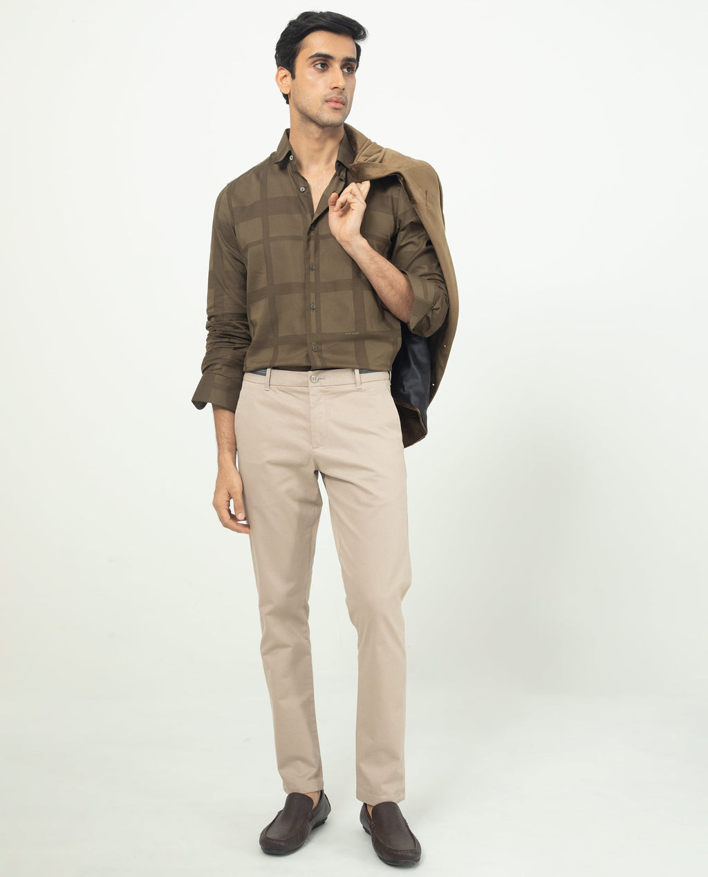 Rare Rabbit Men's Boxlines Olive Cotton Checked Print Regular Fit Full Sleeve Collared Shirt