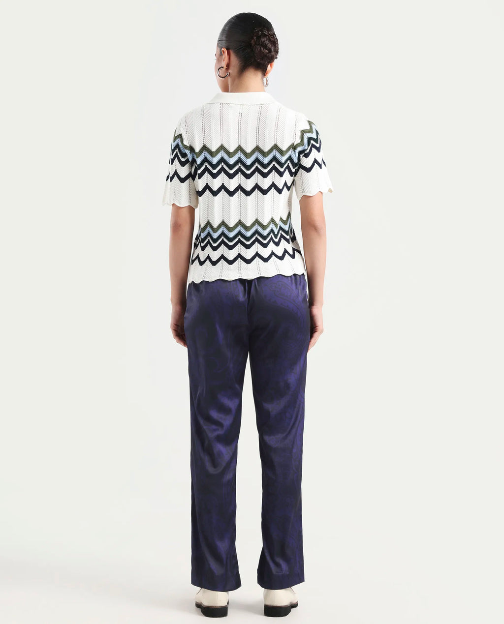 Rareism Women's Braun Navy Polyester Abstract Print Ankle Length Tailored Trouser