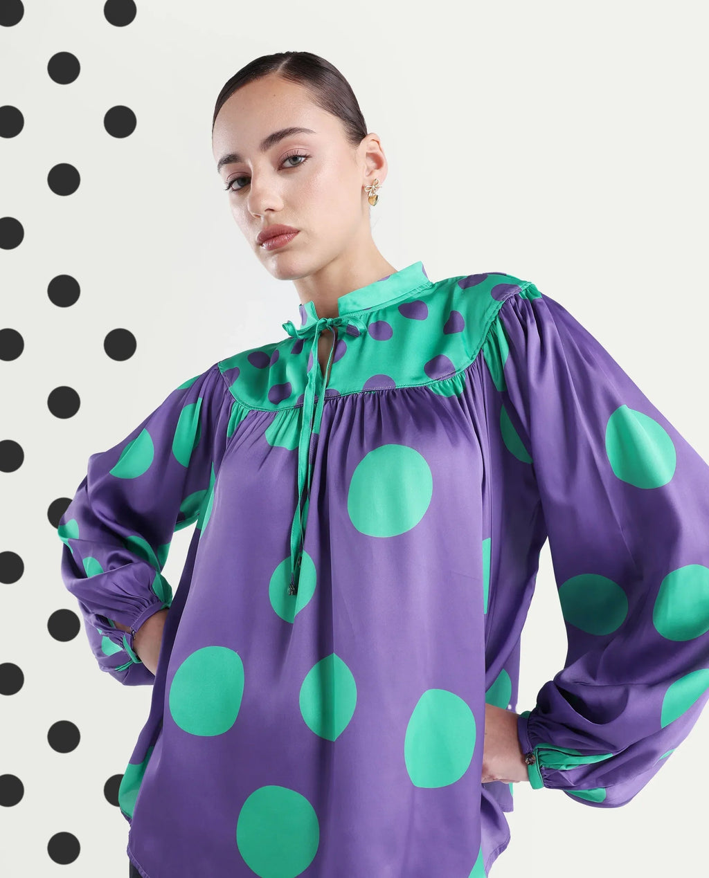 Rareism Women's Brust Purple Polyester Mandarin Collar Polka Print Bishop Sleeve Relaxed Fit Top