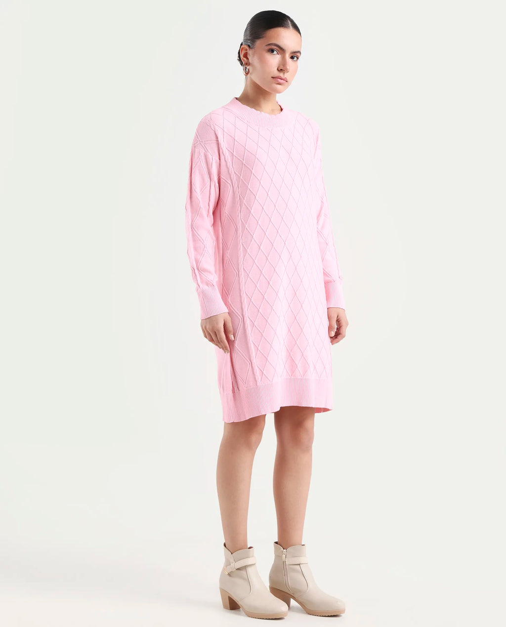 Rareism Women's Budd Light Pink Cotton Crew Neck Plain Knee Length Regular Fit Sweater