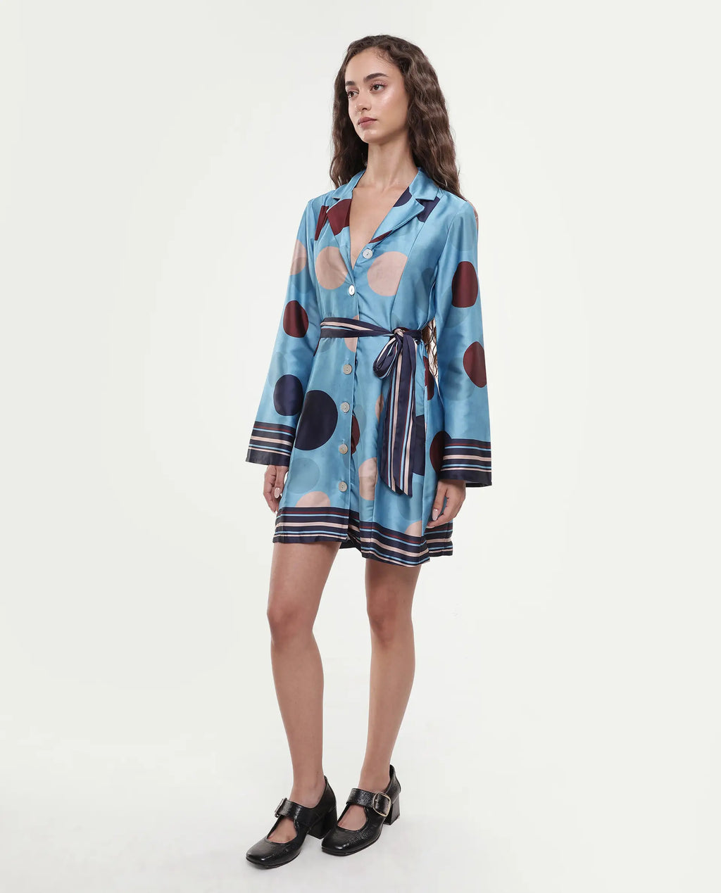 Rareism Women's Buffe Dusky Blue Polyester Lapel Neck Polka Print Bell Sleeve Mini Regular Fit Dress