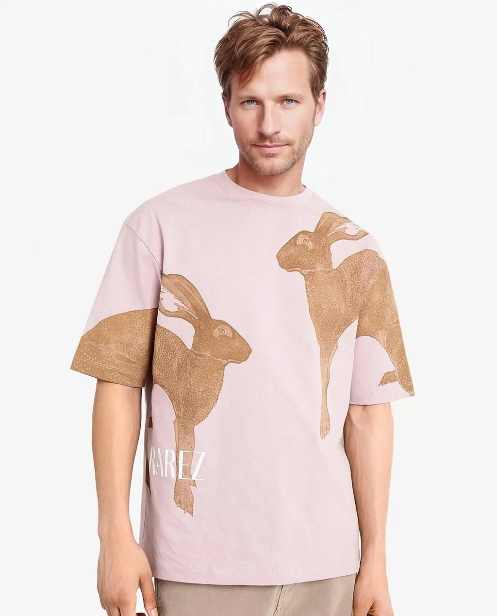 Rare Rabbit Men's Bunn Dusky Pink Cotton Graphic Print Oversized Fit Half Sleeve Crew Neck T-Shirt