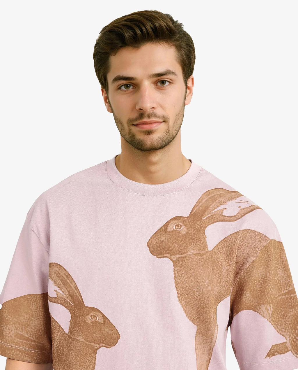 Rare Rabbit Men's Bunn Dusky Pink Cotton Graphic Print Oversized Fit Half Sleeve Crew Neck T-Shirt