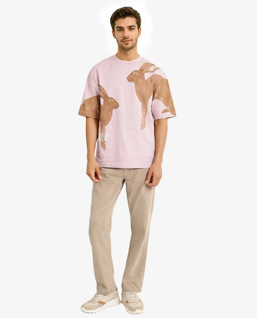 Rare Rabbit Men's Bunn Dusky Pink Cotton Graphic Print Oversized Fit Half Sleeve Crew Neck T-Shirt