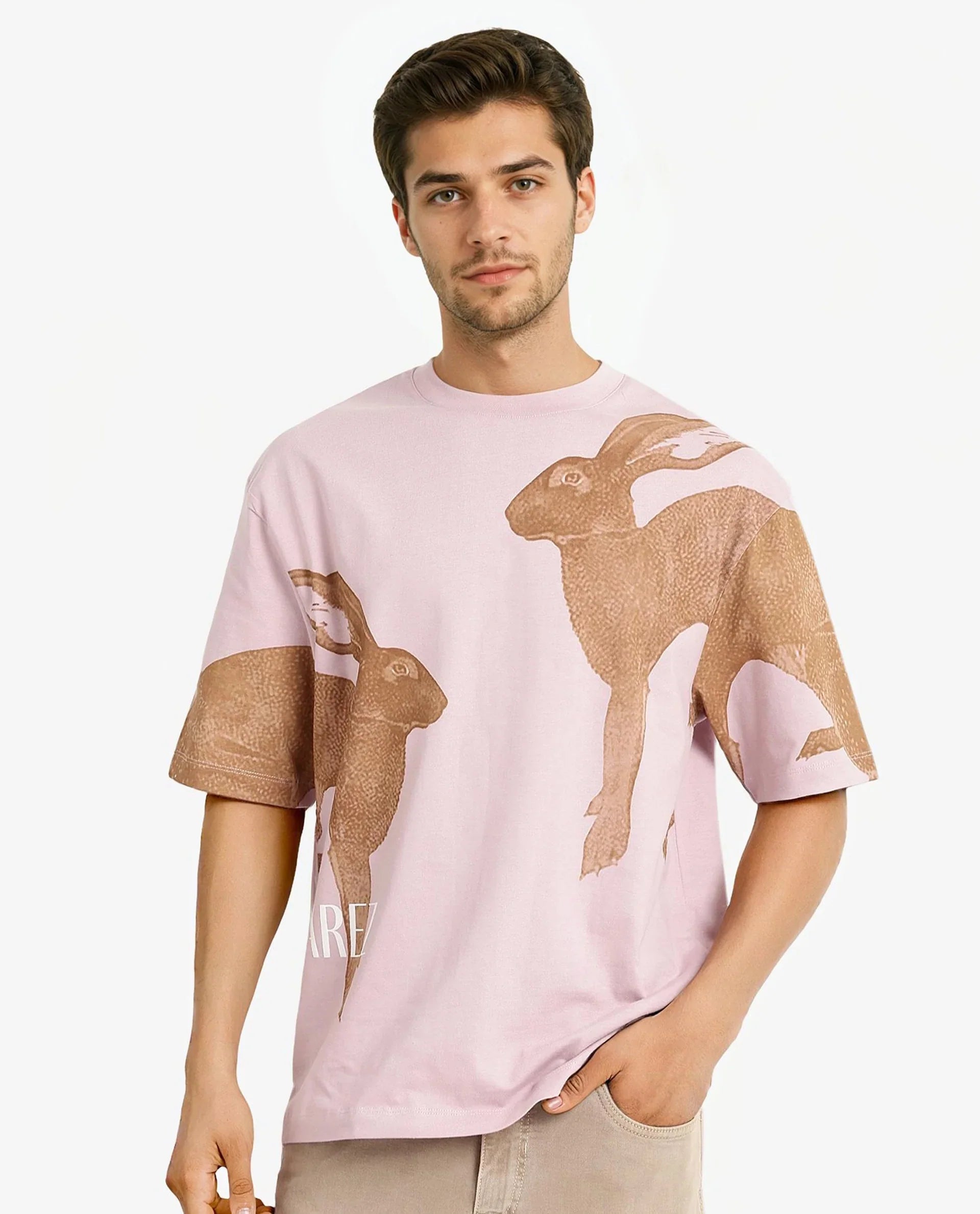 Rare Rabbit Men's Bunn Dusky Pink Cotton Graphic Print Oversized Fit Half Sleeve Crew Neck T-Shirt