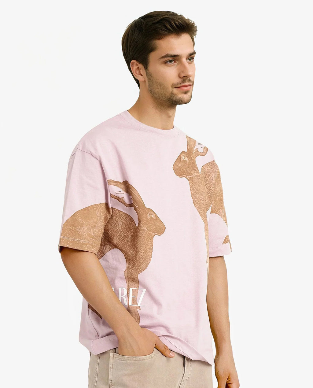 Rare Rabbit Men's Bunn Dusky Pink Cotton Graphic Print Oversized Fit Half Sleeve Crew Neck T-Shirt