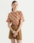 Rareism Women's Cajeme Multi Cotton Blend Collarless Geometric Print Extended Sleeves Relaxed Fit shirt