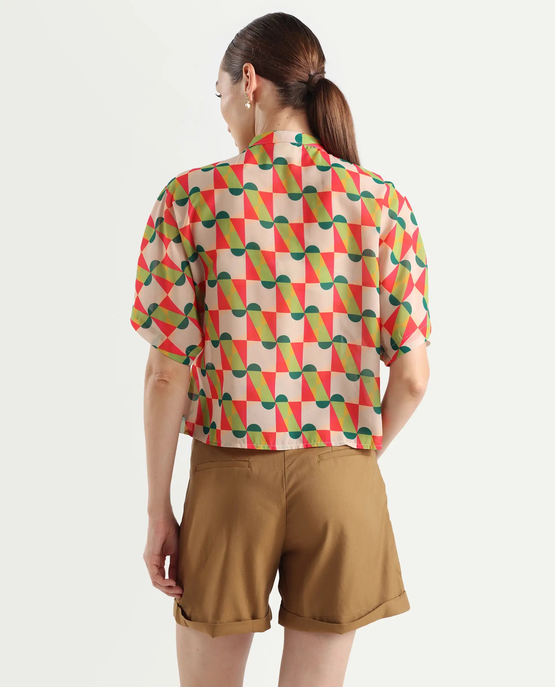 Rareism Women's Cajeme Multi Cotton Blend Collarless Geometric Print Extended Sleeves Relaxed Fit shirt