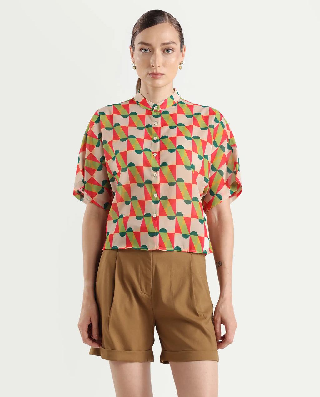 Rareism Women's Cajeme Multi Cotton Blend Collarless Geometric Print Extended Sleeves Relaxed Fit shirt