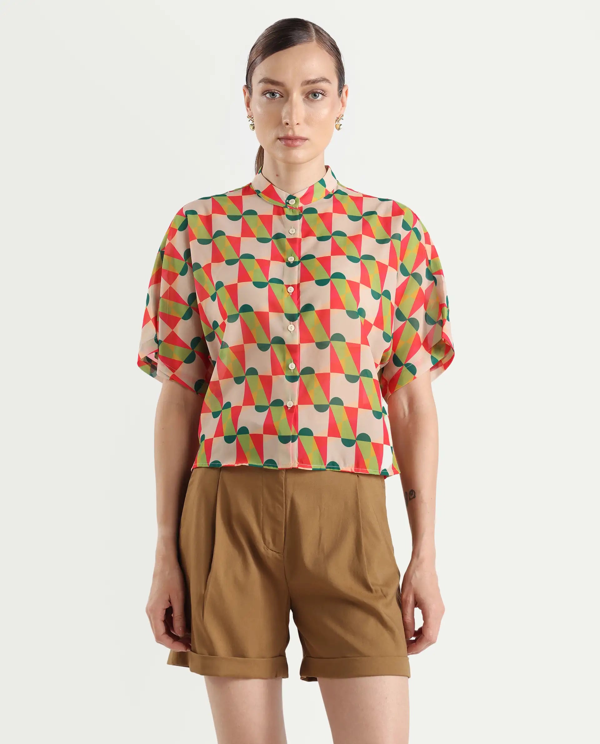 Rareism Women's Cajeme Multi Cotton Blend Collarless Geometric Print Extended Sleeves Relaxed Fit shirt