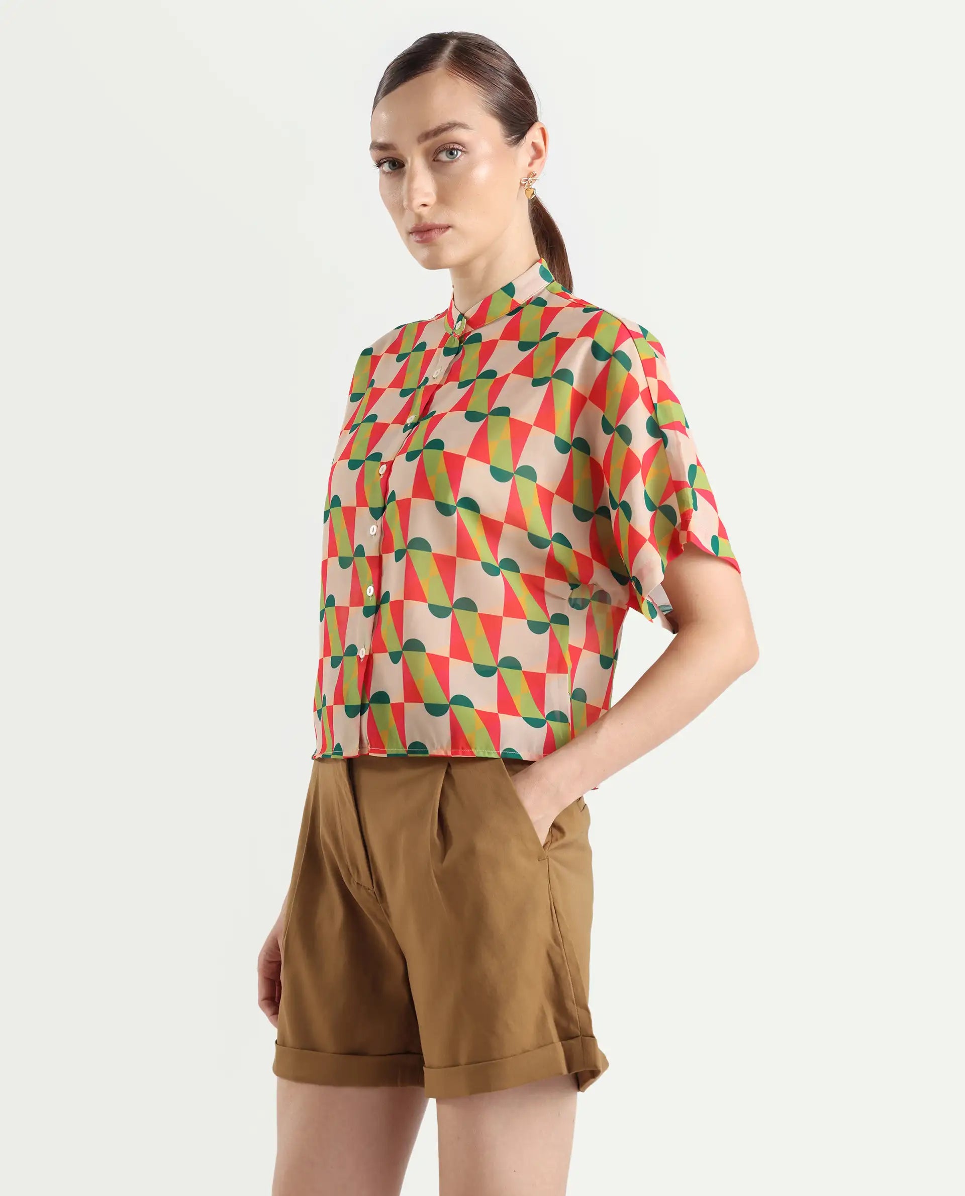 Rareism Women's Cajeme Multi Cotton Blend Collarless Geometric Print Extended Sleeves Relaxed Fit shirt